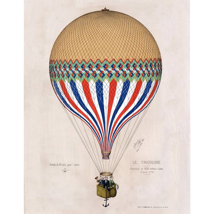 Mongolfiera francese vintage | Colori bandiera francese | Parigi, Francia | Decorazione della parete dei viaggiatori | Arredamento vintage moderno | Regalo ecologico per la vendita all'ingrosso da parte di Rock Paper Scissors Wall Art