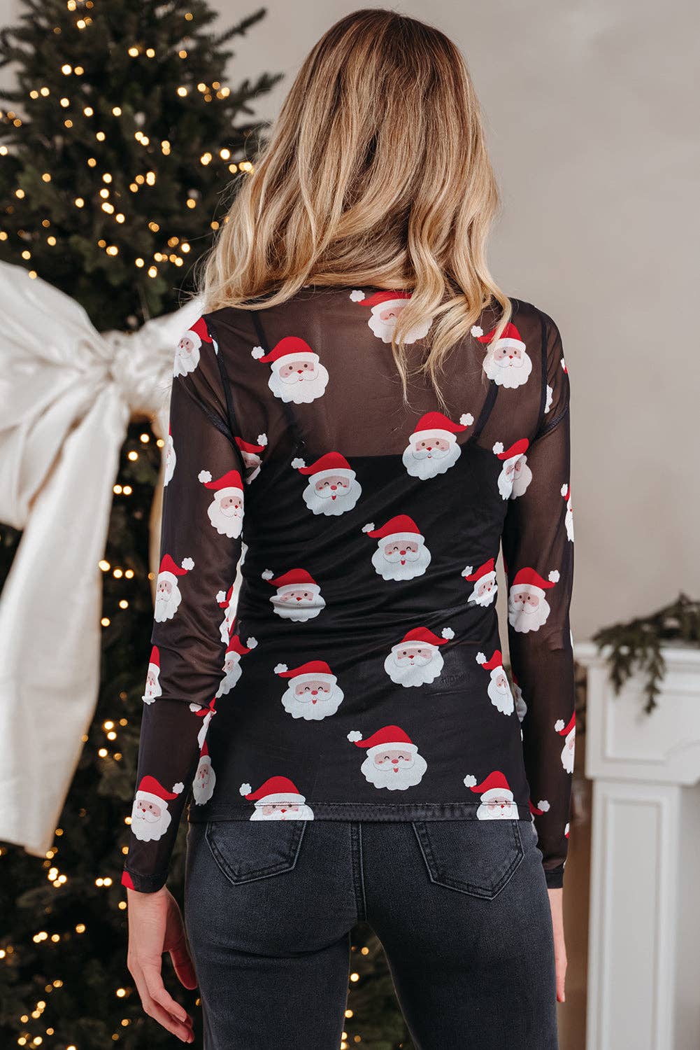 Black FB Christmas Santa Mesh Long Sleeve Top for wholesale on Faire1