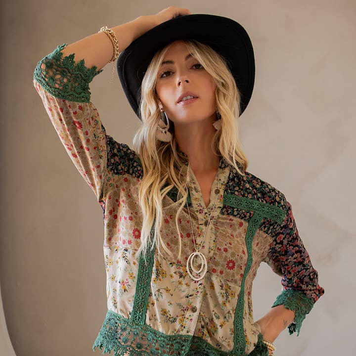 Young Threads - Wholesale Button Down Shirt - Women's - Earthy Boho Button Down Cropped Shirt (New Color)0