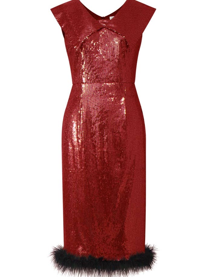 Robe à plumes à paillettes Chic Star en rouge 030824 pour la vente par CHIC STAR