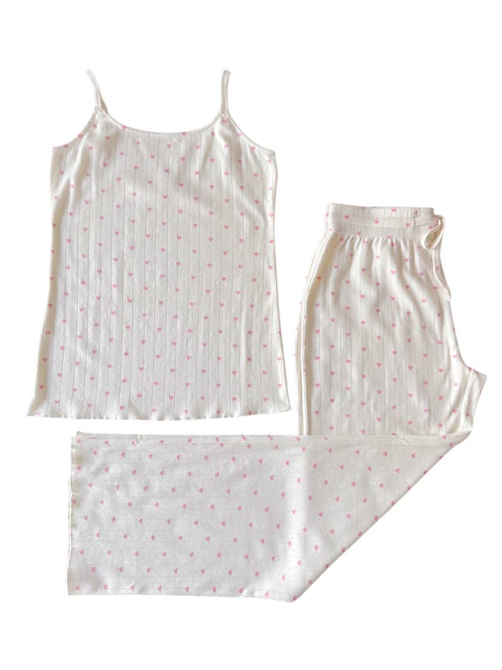 SIIX Collection - Wholesale Lounge Set - Women's - White with Pink Heart / Organic Pointelle Women's Cami Lounge Set