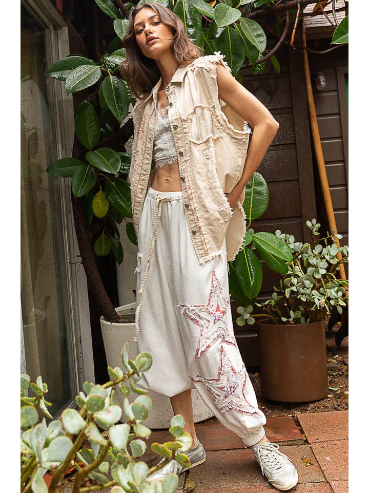 Pol Clothing - Wholesale Denim Jacket - Women's - Sleeveless crochet lace floral patch denim jacket
