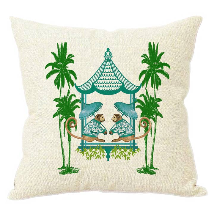 PI6631-Chic Monkey with Palms Aqua and Green Linen Pillow for wholesale by Marye-Kelley