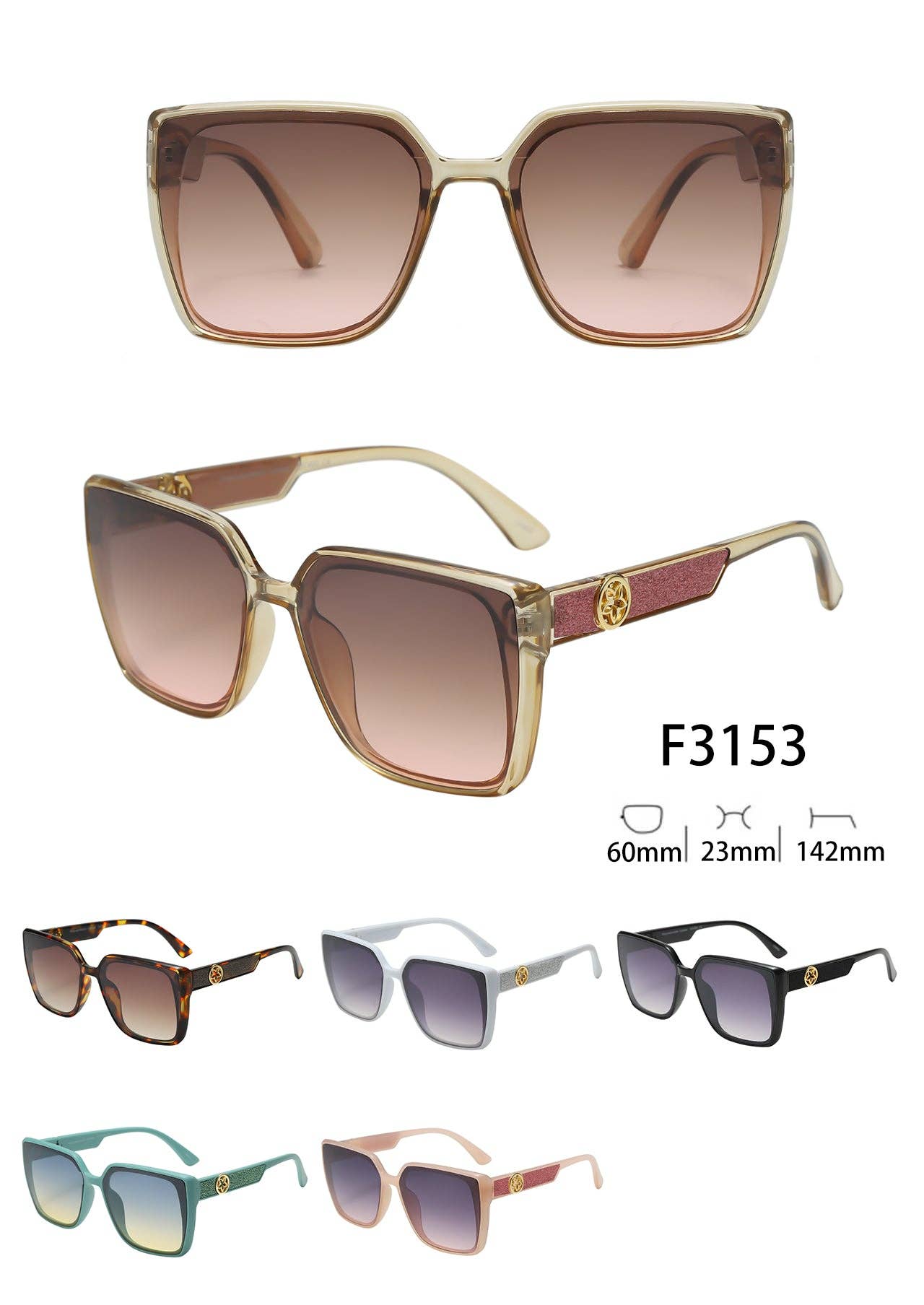 Prime Opticals - Wholesale Sunglasses – Women's - F3153, Mid-Large Sized Frame with Simple Frame and Glitter Star Arms