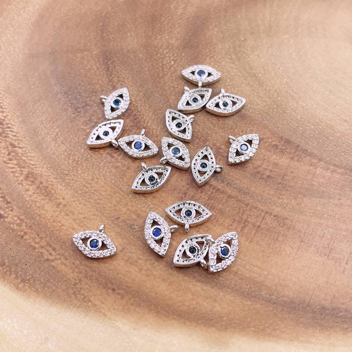 Beads Creation - Wholesale Individual Charm/Pendant - Black CZ & Sapphire CZ Micro Pave Evil Eye Charm Pendant