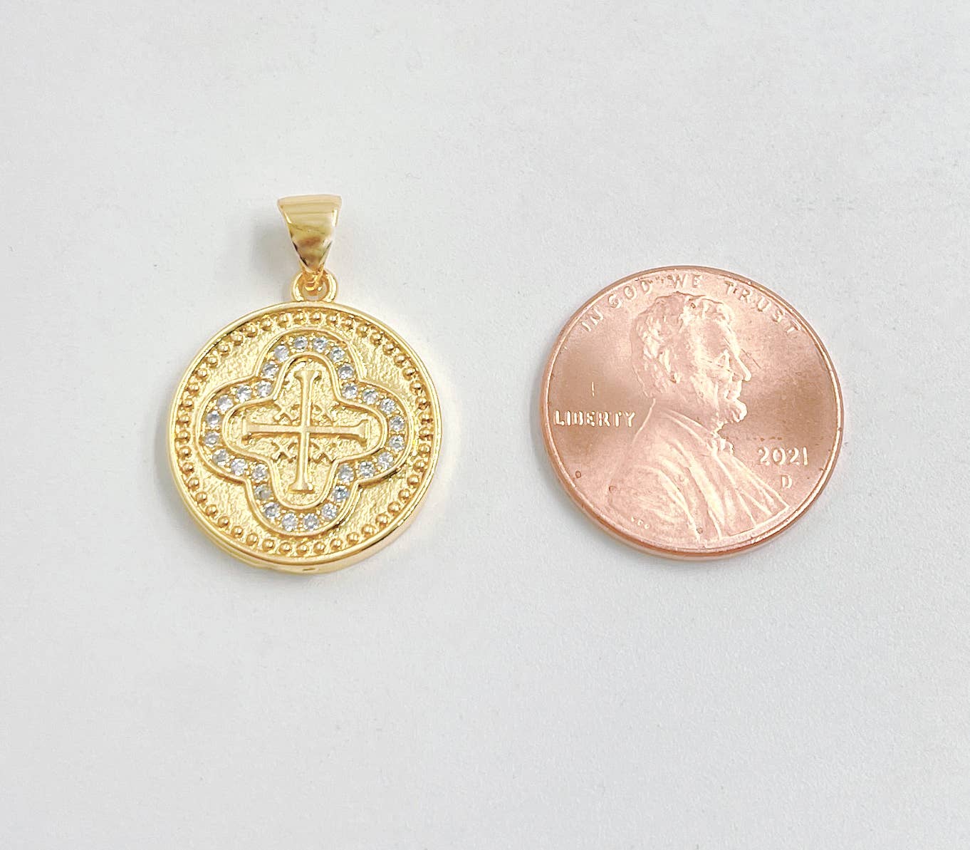 findings4uGem – wholesale Pendant/charm necklace – Gold Filled CZ Four Leaf Clover Cross Charm Pendant, CP15190