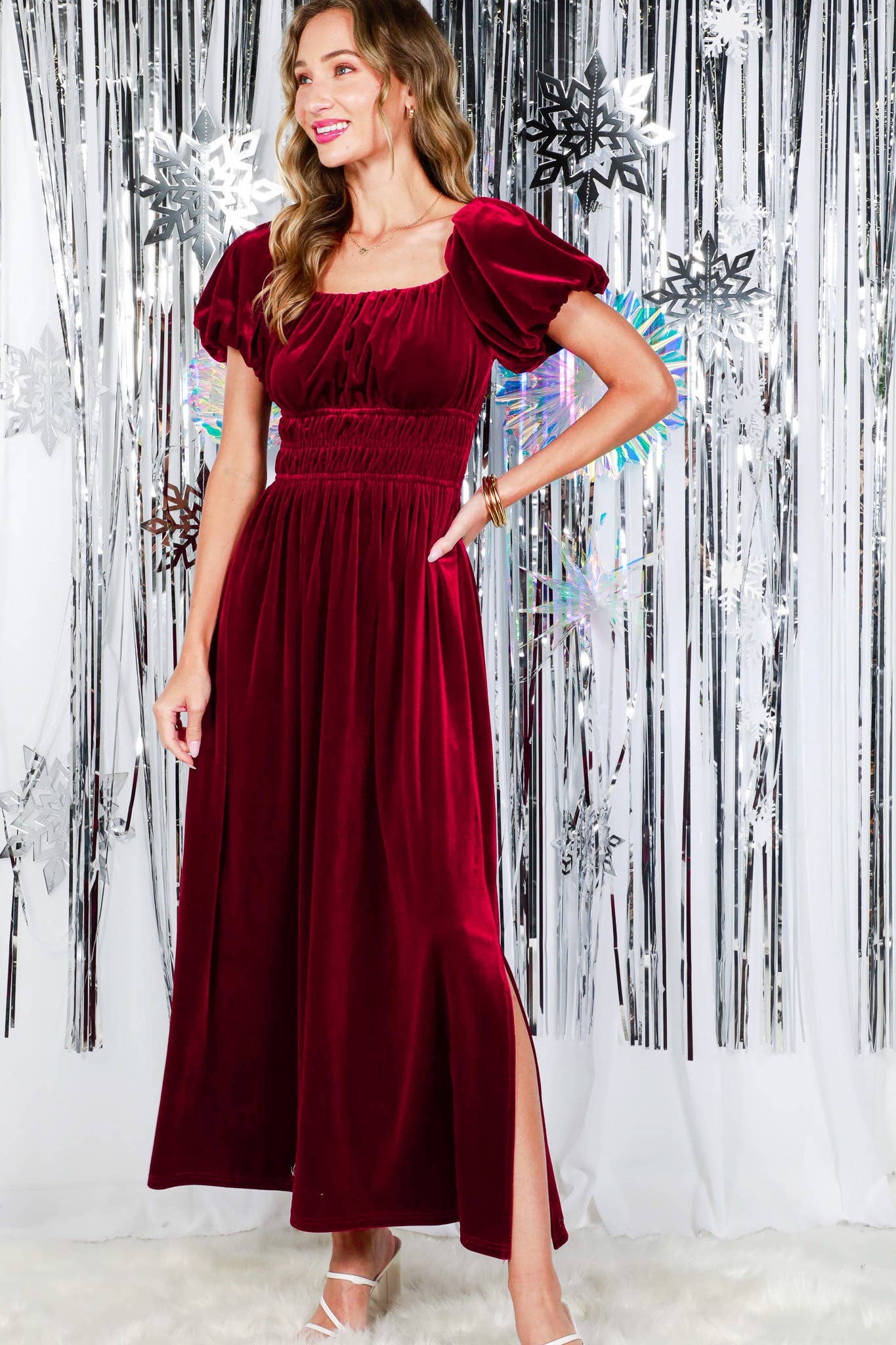 Vine & Love - Wholesale Dress - Women's - Square Neck Puff Sleeve Smocked Velvet Maxi Dress VD82053 20