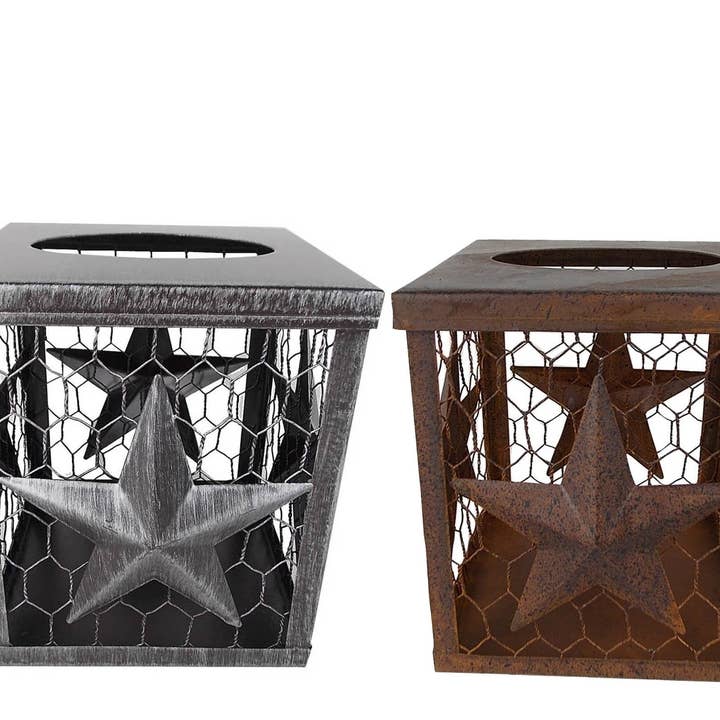 Tin Tissue Box with Chicken Wire and Stars - 5.5" Tall for wholesale by Birch Maison