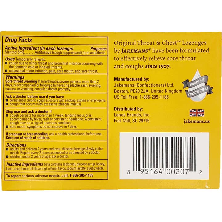 BT Remedies - Wholesale Lozenges/Cough Drops - Jakemans Throat & Chest Honey Lemon Lozenges Box - 24 Ct