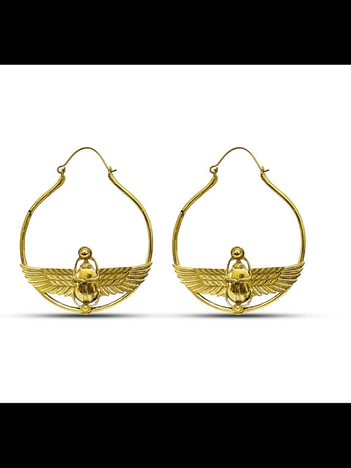 Brass Goddess Scarab Hoop Earrings for wholesale by The Curator