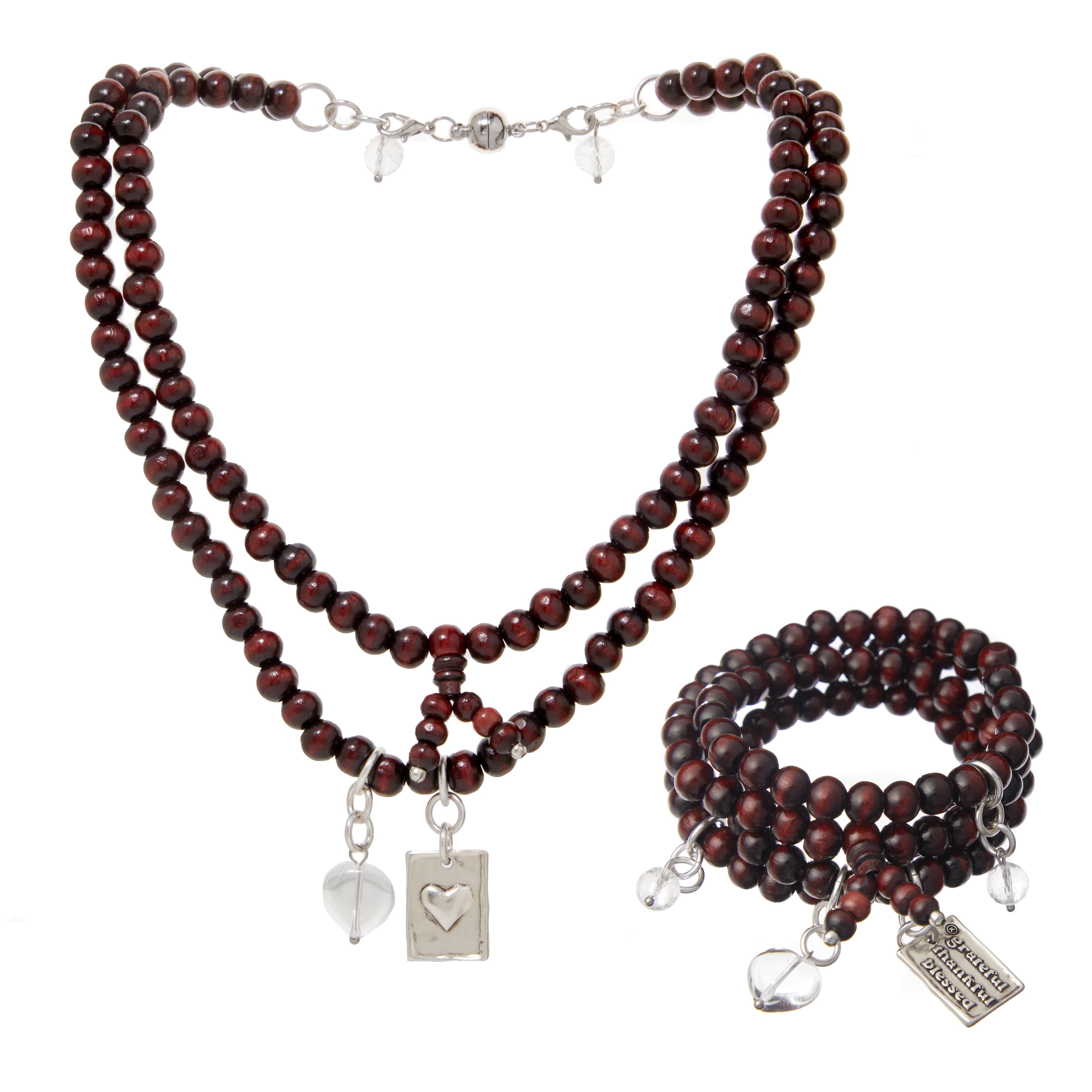 Katia Designs – Colar com missangas/pérolas por atacado – Pulseira/Colar Boho de Madeira com Coração Grato Agradecido Abençoado1