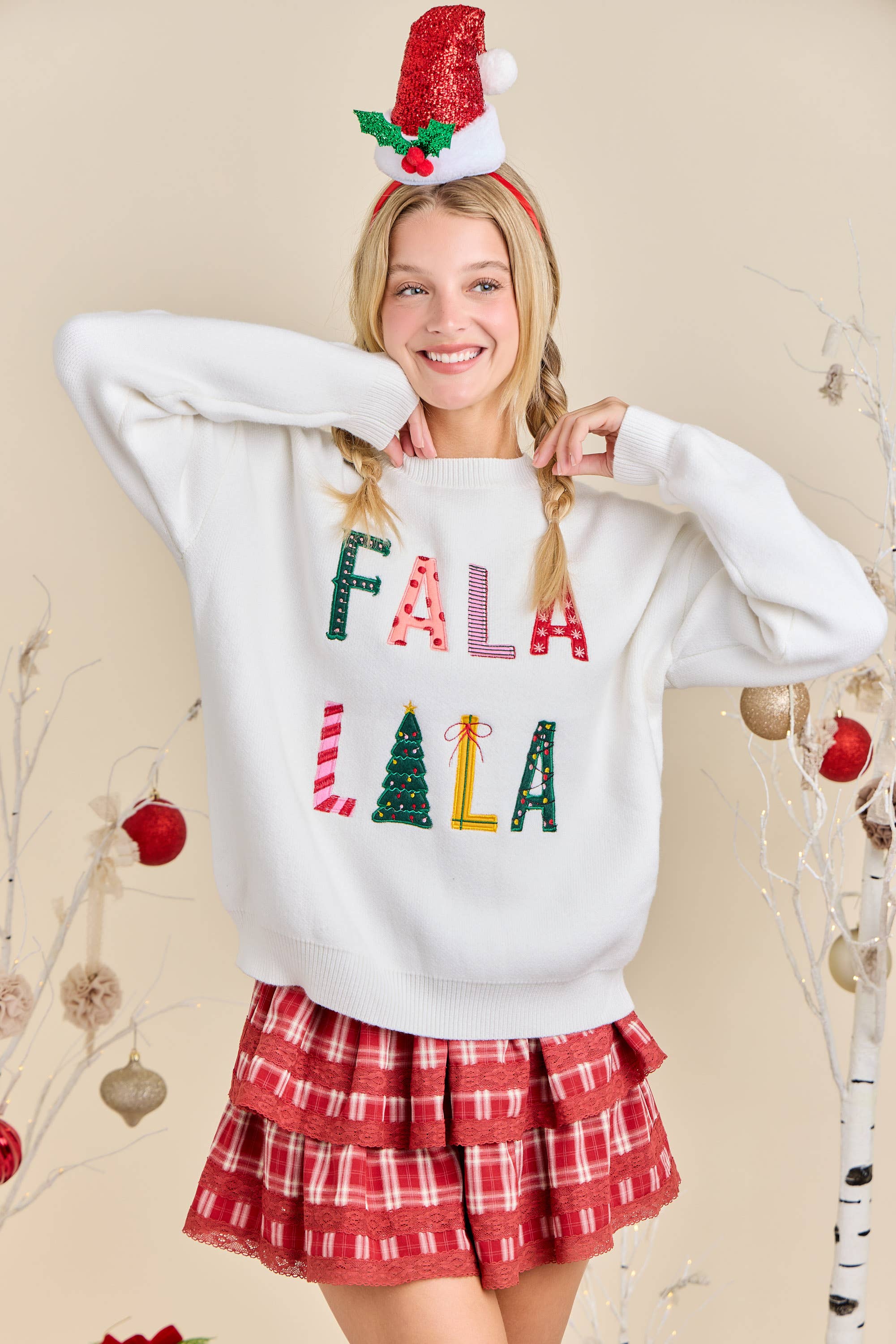 WHITE Fa La La La Christmas Knit Sweater Ready to Ship Holiday 🎵 for wholesale on Faire8
