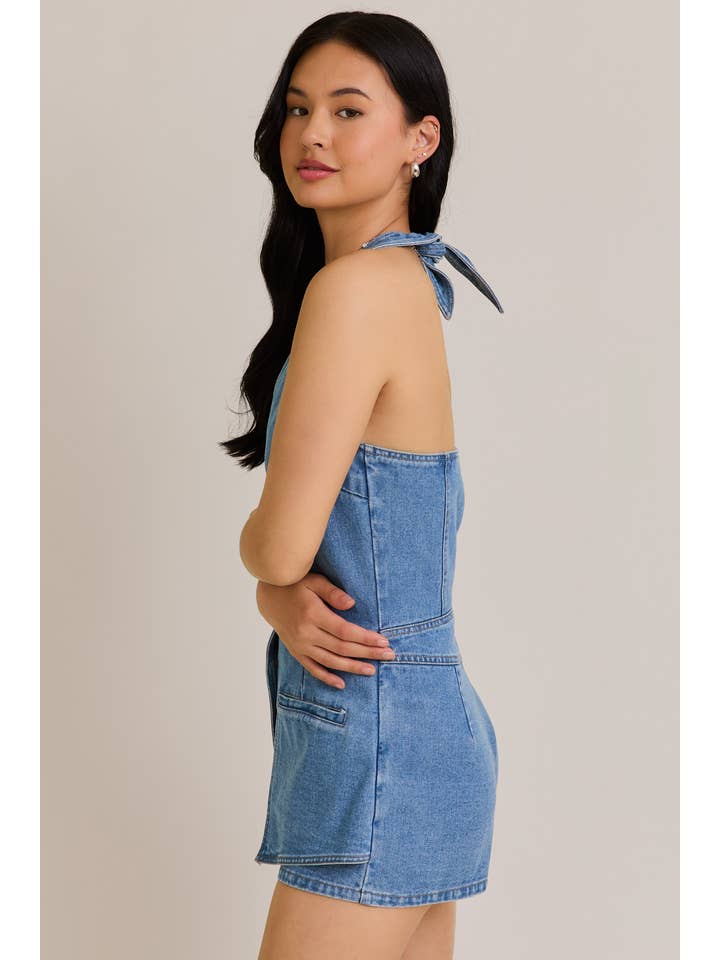 DENIM VEST-STYLE ROMPER WITH MICRO SHORTS for wholesale on Faire