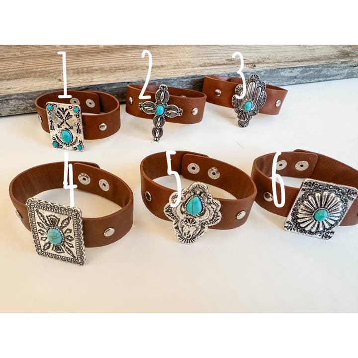 Boho Ranch Shop - Wholesale Cuff Bracelet - Western Leather Snap Cuff Bracelets - stamping concho cactus