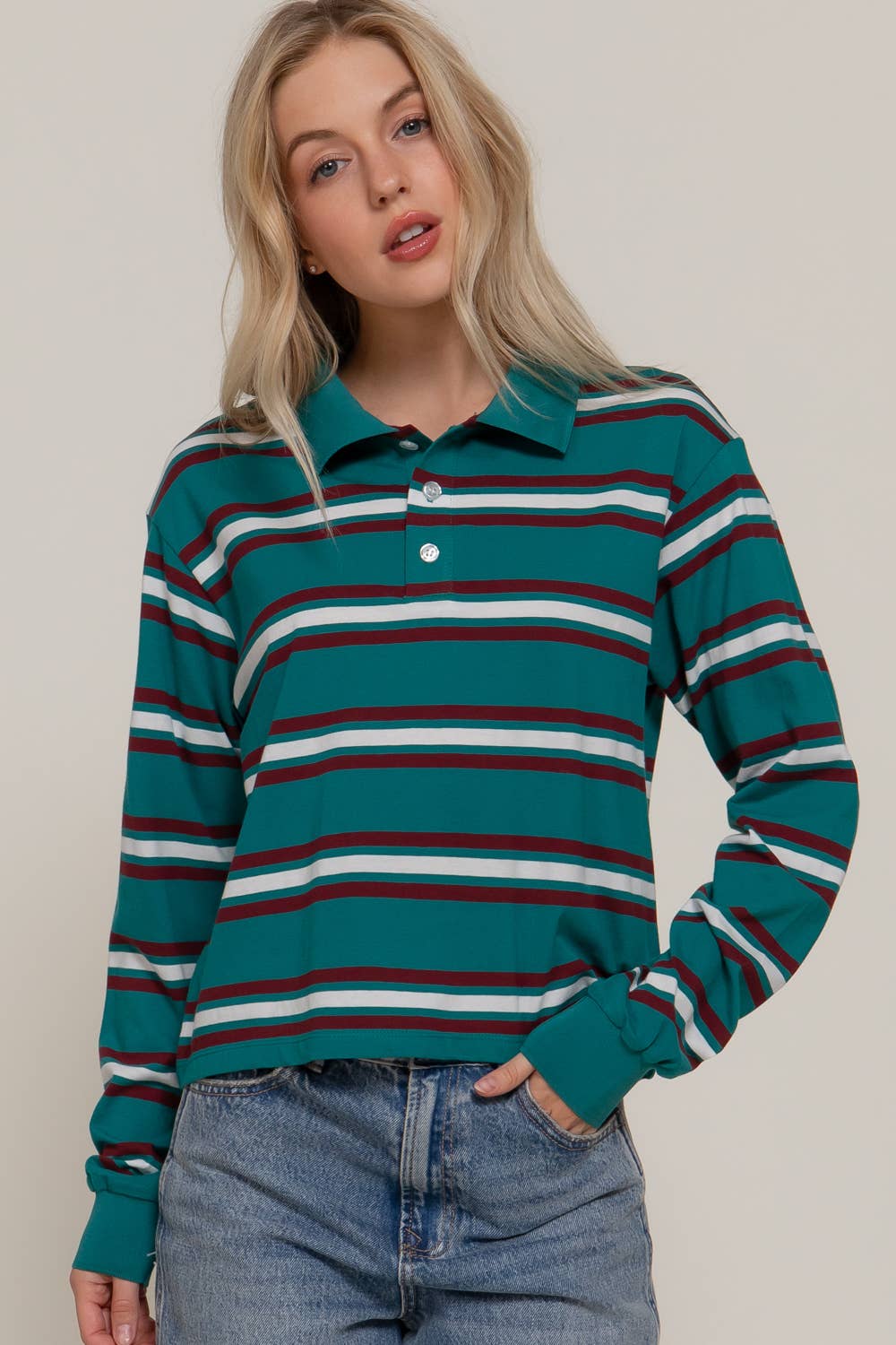Active Basic | Active USA - Wholesale Polo - Women's - Long Sleeve Multi Stripe Polo Top4