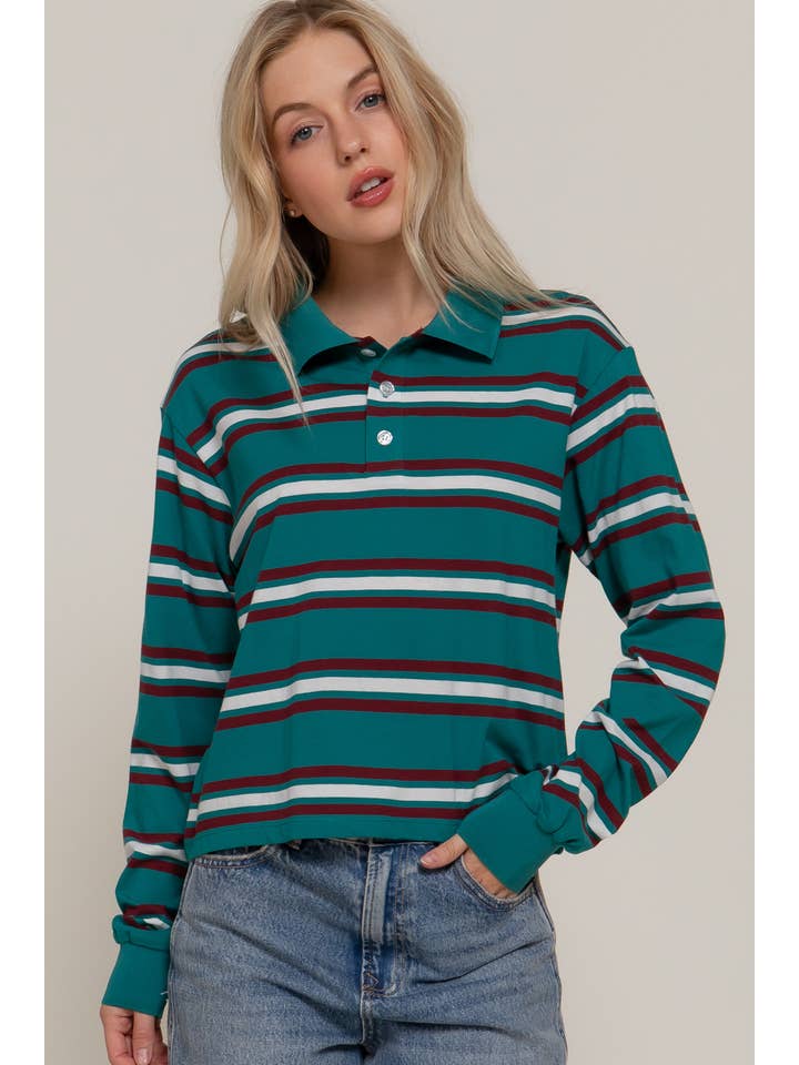 Active Basic | Active USA - Wholesale Polo - Women's - Long Sleeve Multi Stripe Polo Top4