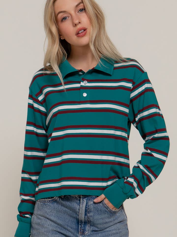 Long Sleeve Multi Stripe Polo Top for wholesale by Active Basic | Active USA