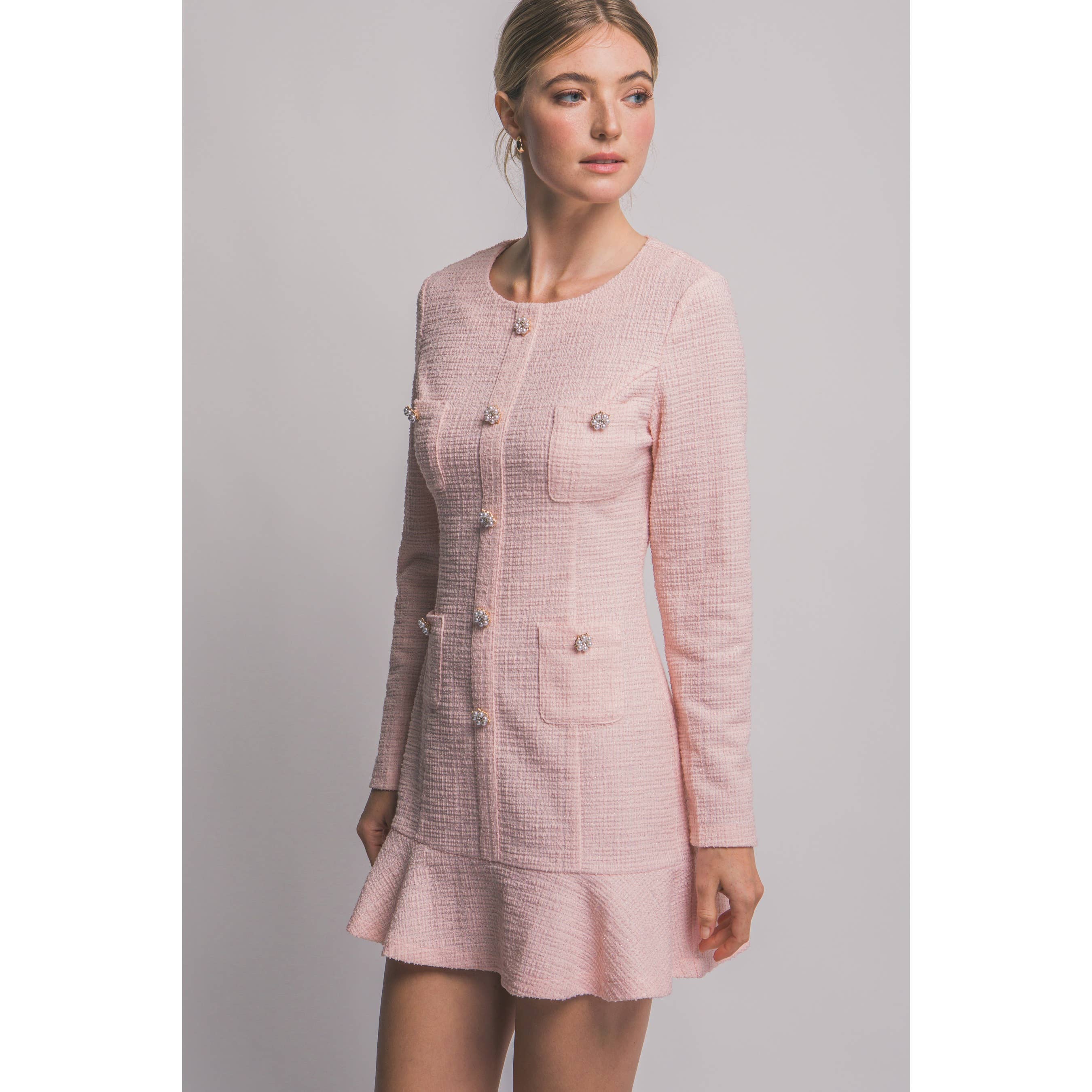 Paperdoll - Wholesale Dress - Women's - Long Sleeve Tweed Single Breasted Dress7