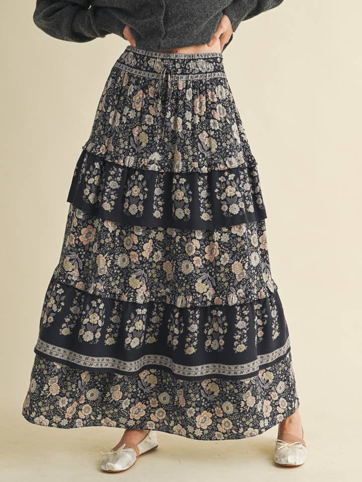 &MERCI - Wholesale Skirt - Women's - RUFFLE TIERED BORDER PRINT MIDI SKIRT MSK416619