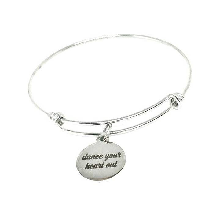 Dance Your Heart Out Bracelet Stainless Steel Adjustable Bangle With 19mm Charm Inspirational Gift For Dancers Ballet Jazz Tap Hip Hop for wholesale by JKCE Designs