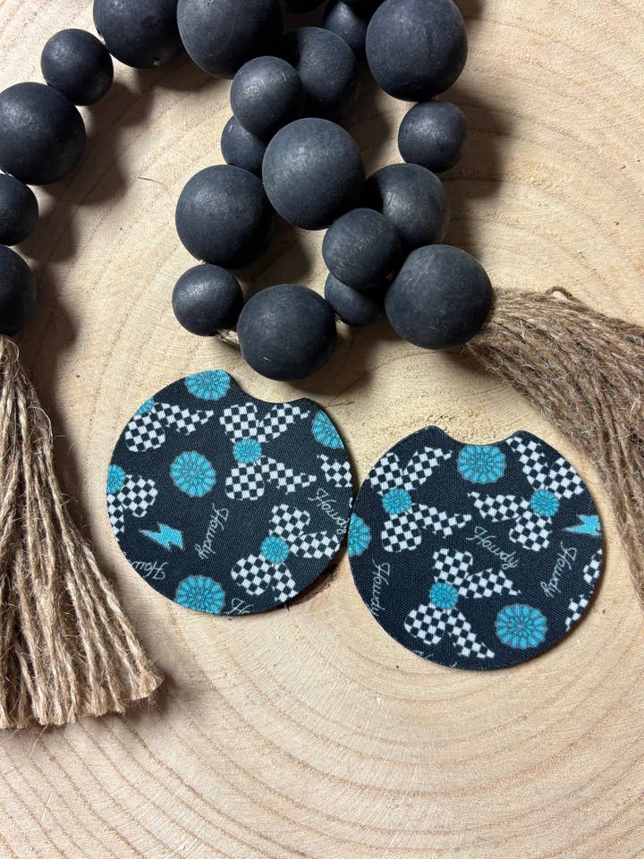 Turquoise Concho & Checkered Bow Car Coasters for wholesale by Pink August