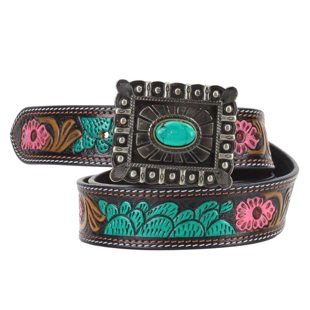 Leather Impressions Inc - Wholesale Belt - Women's - Turquoise and Pink Tooled Leather Belt 7Pc Prepack ABBWST 411