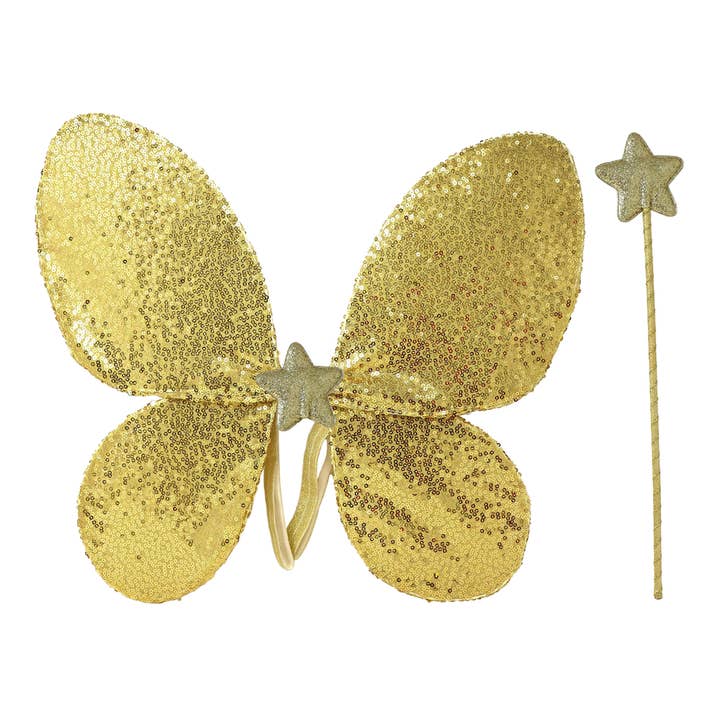 Gold Sequin Wings and Glitter Star Wand Set | Pack of 2 for wholesale by Pink Poppy USA