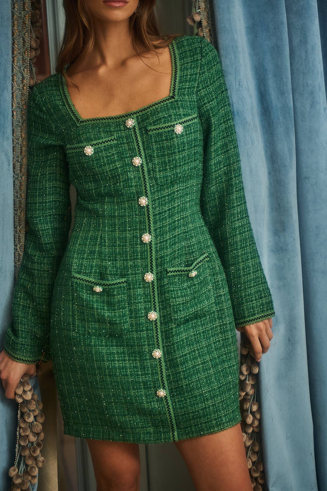 Emerald Haley Tweed Salome Button Down Mini Dress for wholesale on Faire1