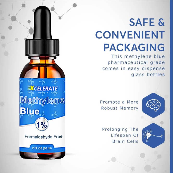 Xcelerate Health - Wholesale Oral Supplement/Vitamin - Methylene Blue + Vitamin C β 10mg | Formaldehyde-Free, Pharmaceutical Grade | Liquid Dropper Supplement | 2 FL OZ | Lab-Tested, Vegan & Non-GMO3
