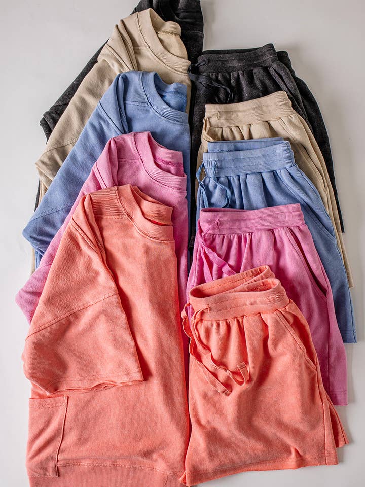 NT12429SET-Top y pantalones cortos casuales de punto lavado mineral para venta al por mayor de VERY J