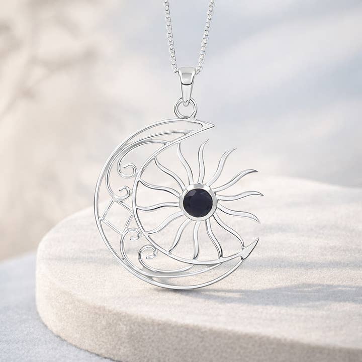 Black Onyx Sun Moon Pendant: 925 Silver Spiritual Jewelry for wholesale by Jay Jools