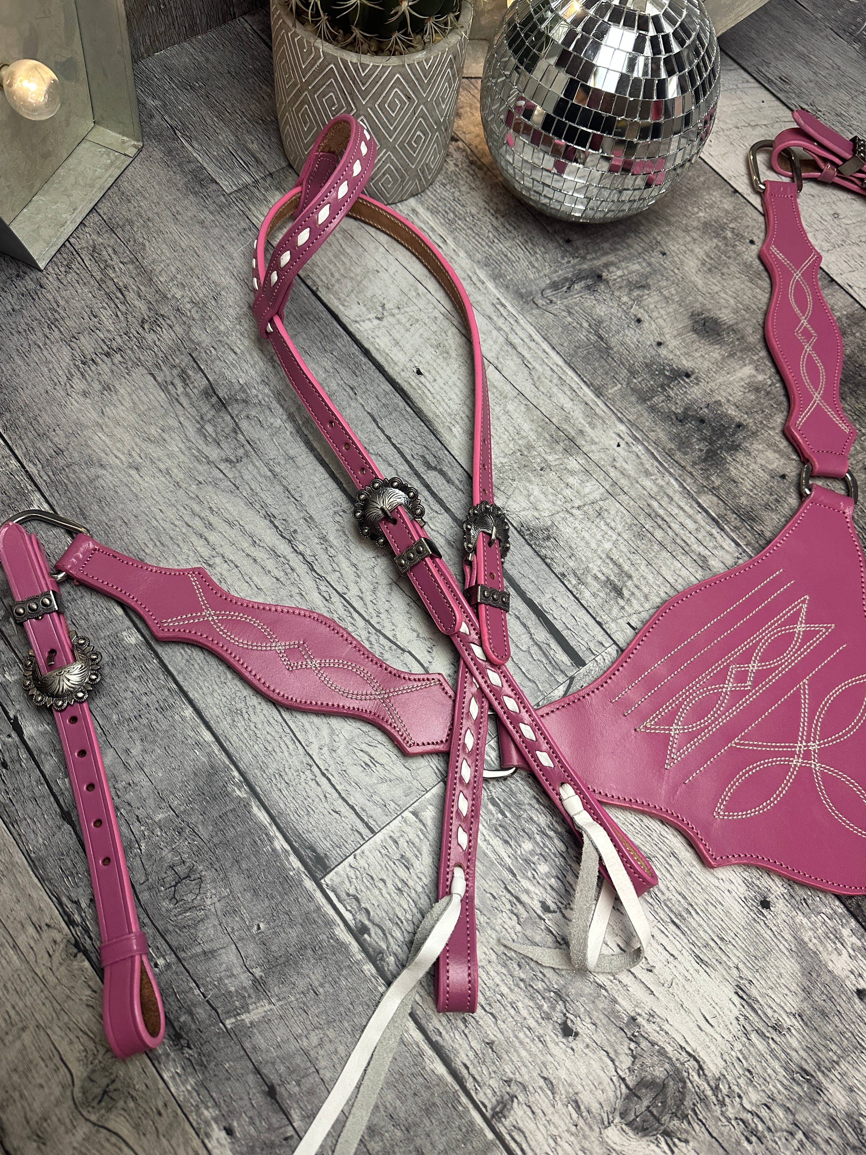 Schulz Equine - Wholesale Horseback Riding Gear - Pink Boot Stitch Headstall and Breast Collar Set10