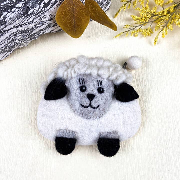 White Cute Fluffy Sheep Wool Felt Animal Coin Purse for wholesale on Faire
