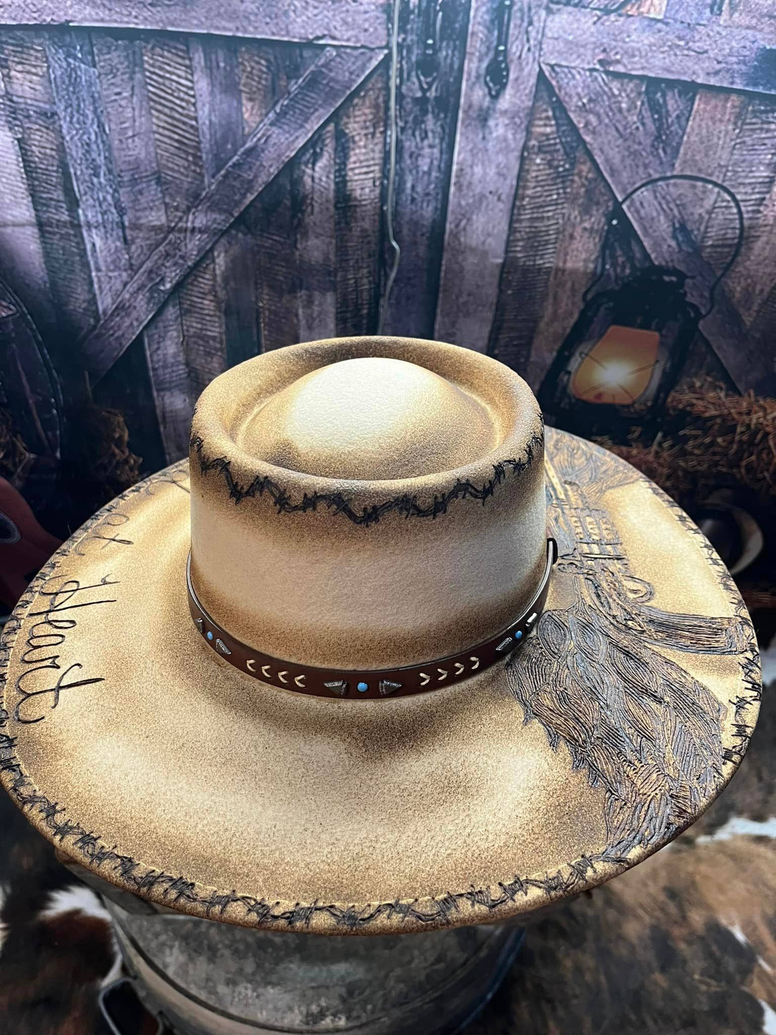 Feathered Gypsy Custom Hats and Boutique - Wholesale Cowboy Hat - Women's - Wild at Heart Custom Burned Hat3