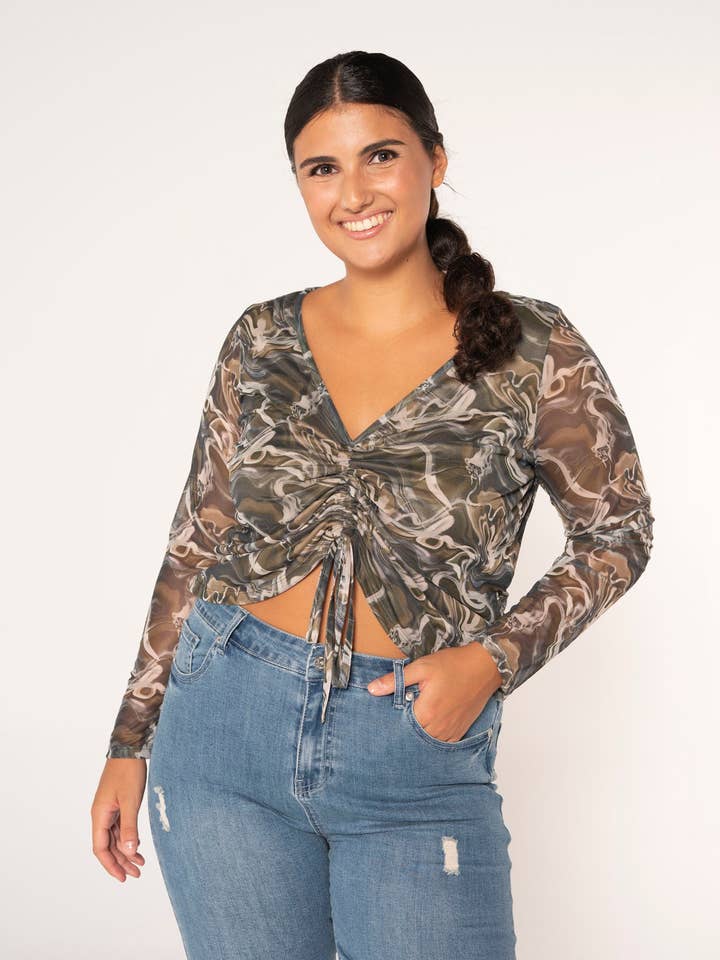 T-shirt in rete stampata con ruches per la vendita all'ingrosso da parte di More Than Angels