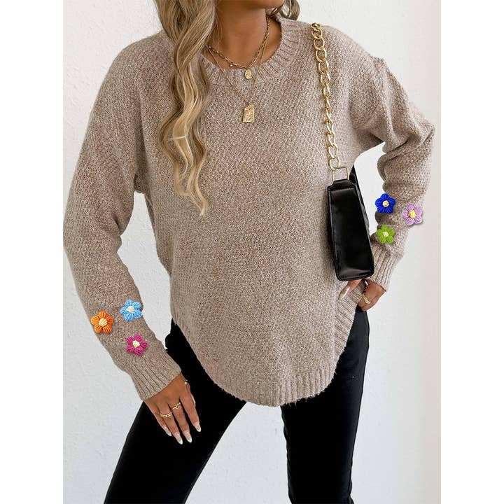UNISHE - Wholesale Knit Sweater - Women's - Hand-Crocheted Floral Patchwork Round Neck Sweater OYM2532