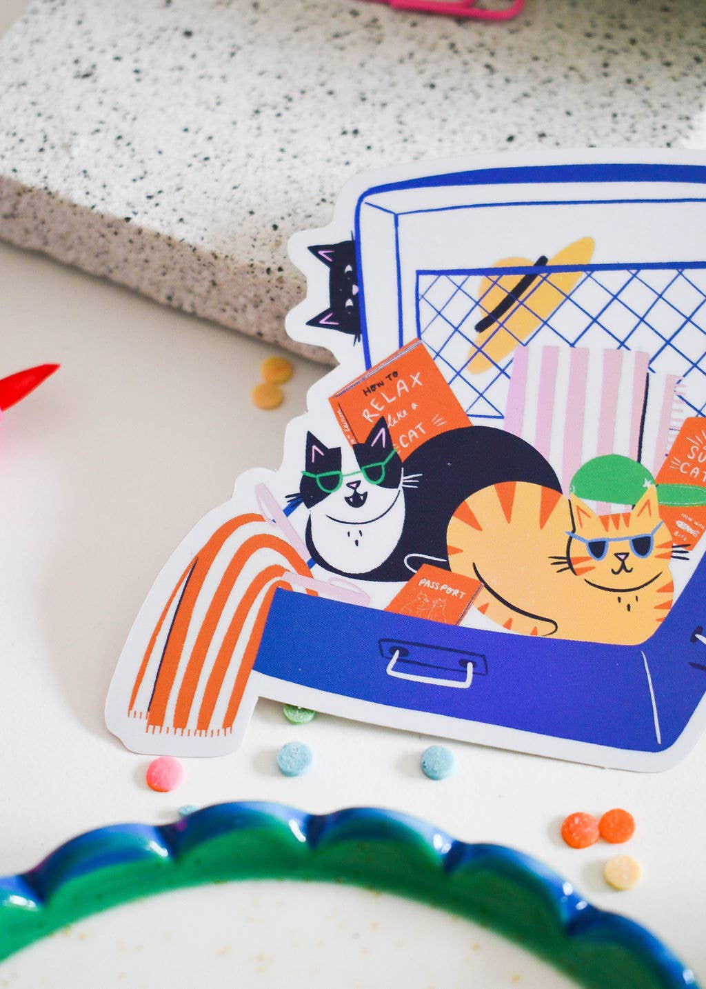 Nat Ellis Illustration – wholesale Sticker – Suitcase Cats- Holographic Vinyl Sticker 2