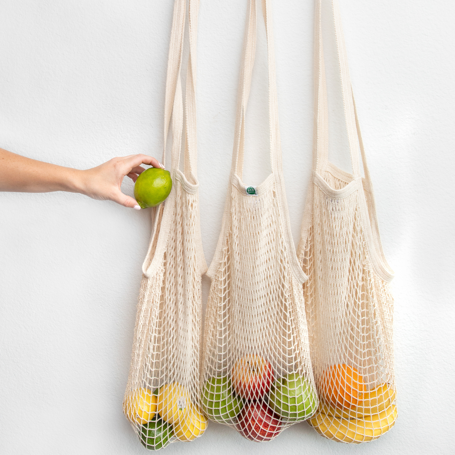 ECOBAGS – Großhandel Schultertasche – Unisex – ECOBAGS Netzbeutel aus recycelter Baumwolle mit langen Griffen – Vielfältige Sets6