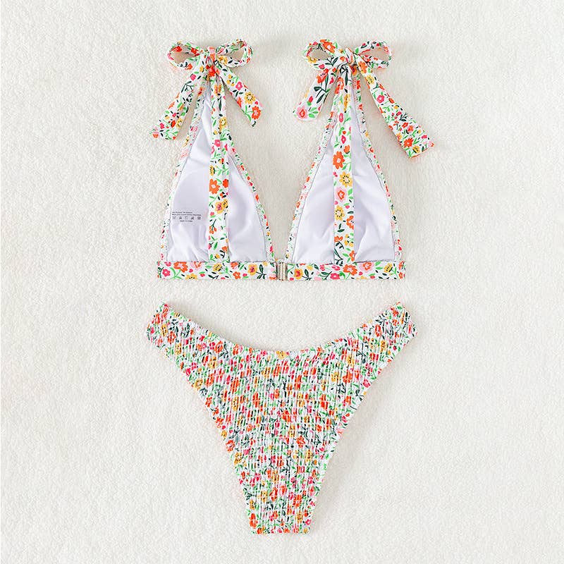 Plunge floral shoulder tie low rise thong bikini set for wholesale on Faire9