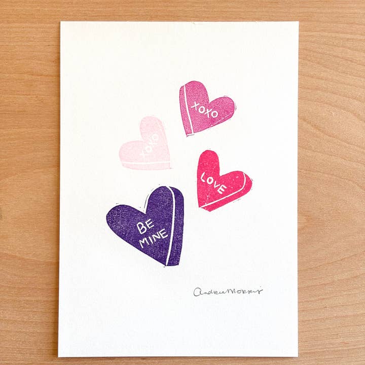 "Be Mine (Pink/Purple)" Handmade Linocut Print for wholesale by Andrea Morris Art