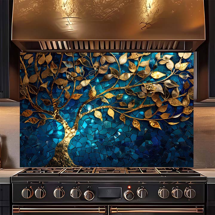 Glass Kitchen Backsplash - Wholesale Wall Accent - Custom Kitchen Backsplash – Golden Mosaic Look Tree Tempered Glass Backsplash6
