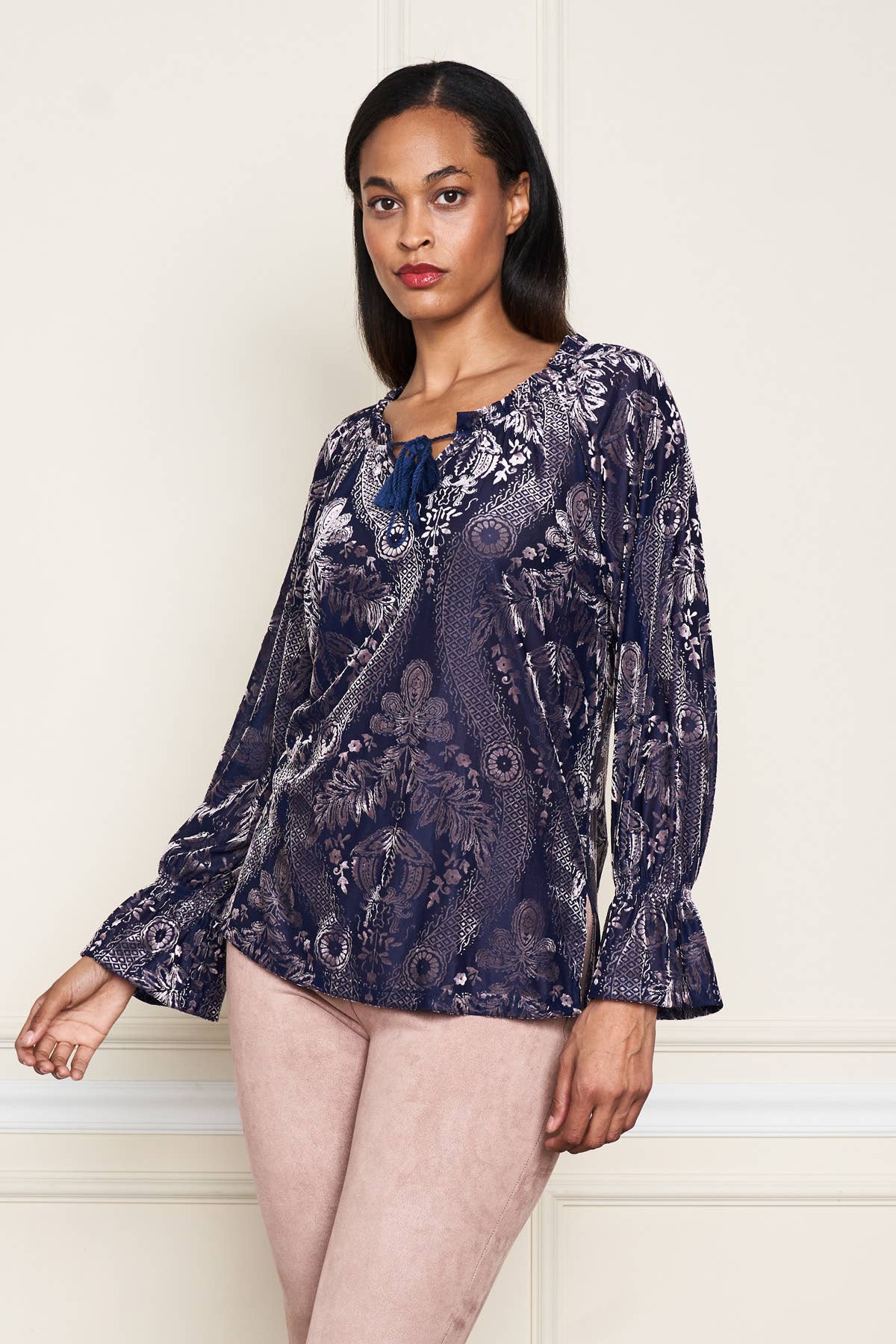 Blue Gray 5530-MAT Burnout Velvet Knit Peasant Top for wholesale on Faire0