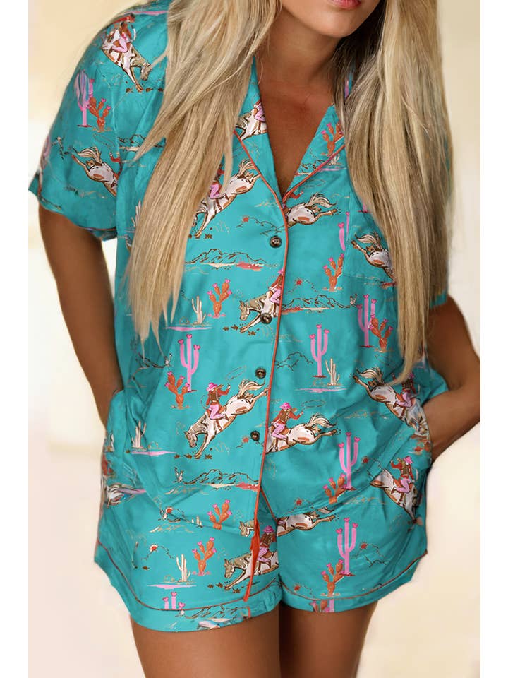 LA Society - Wholesale Sleepwear Set - Women's - Cowgirl Country Print Shirt and Shorts Pajamas Set
