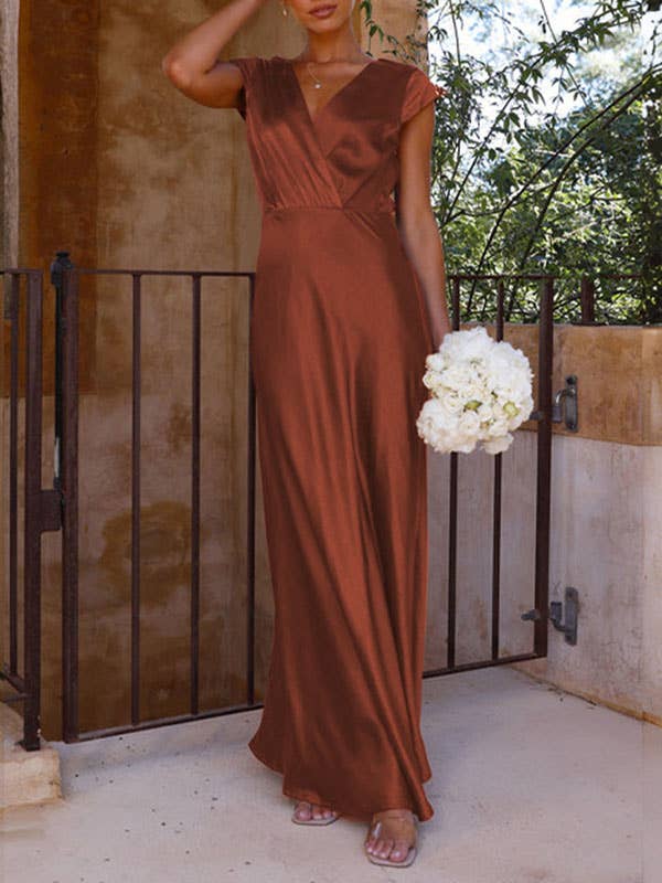 Chicto - Wholesale Dress - Women's - Loose Short Sleeves Pleated Solid Color Split-Joint V-Neck Maxi Dresses7