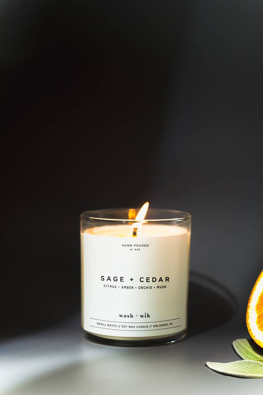 Wash and Wik - Wholesale Jar/Filled Candle - Sage + Cedar Soy Wax Candle | Citrus | Musk | Amber - 1 Wick