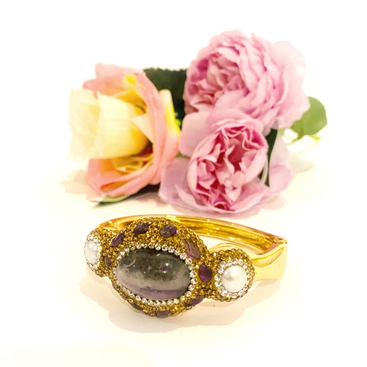 Atisha Spiritual Shop - Wholesale Cuff Bracelet - ISANA BRACELET - in NATURAL HARD STONE and brass metal galvanized and gold rhodium-plated1