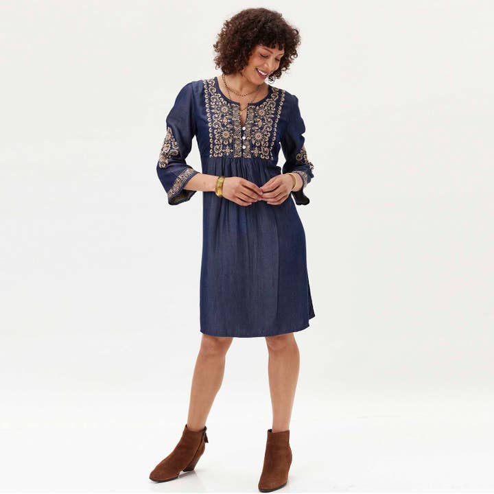 rockflowerpaper - Wholesale Dress - Women's - DENIM TENCEL Dress with Tan Embroidery