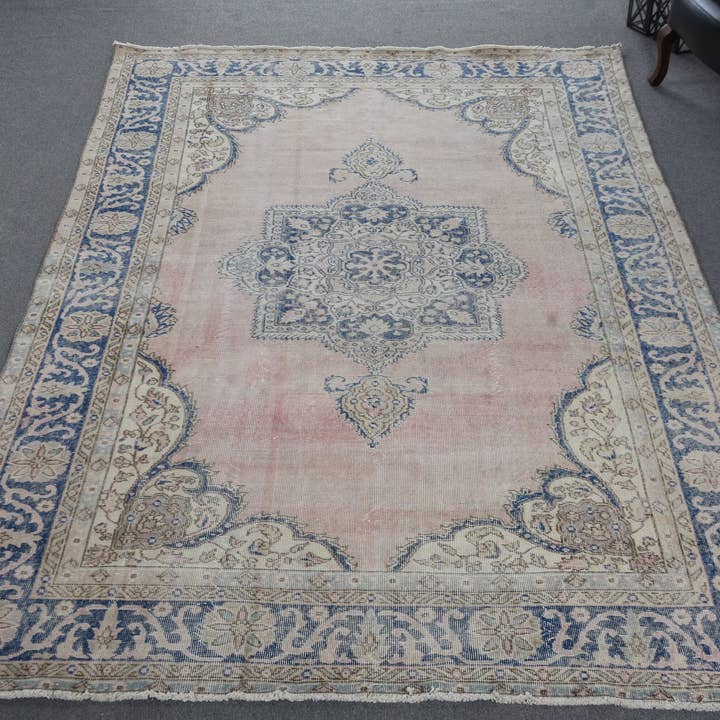 Handmade Blue & Beige Persian Rug, 6.6x10.3 Ft Patchwork for wholesale by Vintage Rugs Loom