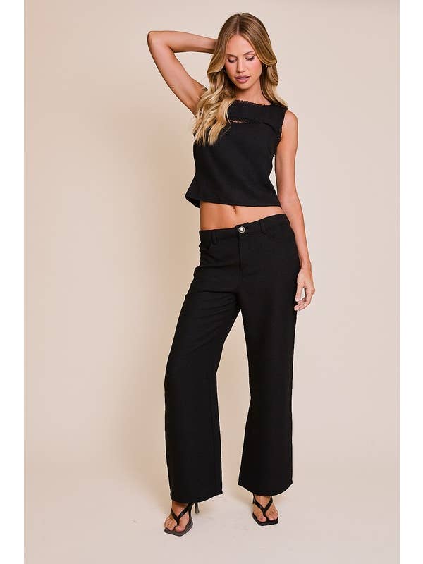 Black SLEEVELESS BOAT NECK FRONT CUT OUT TOP WITH WIDE LEG PANTS for wholesale on Faire
