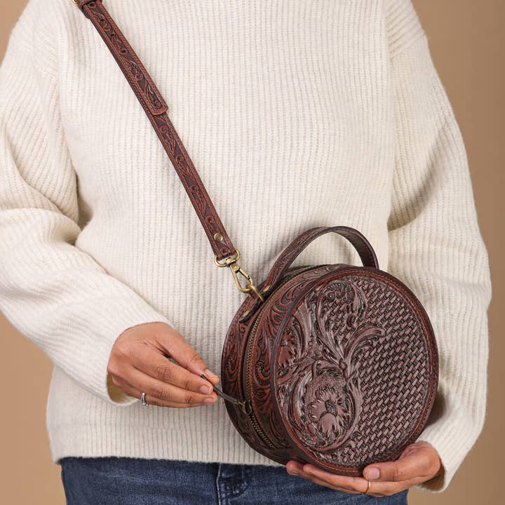 House of Kraft Jewelry & Accessories - Wholesale Top Handle Bag - Women's - Woven Petals Design | Brown Leather Bag | Round Bag4